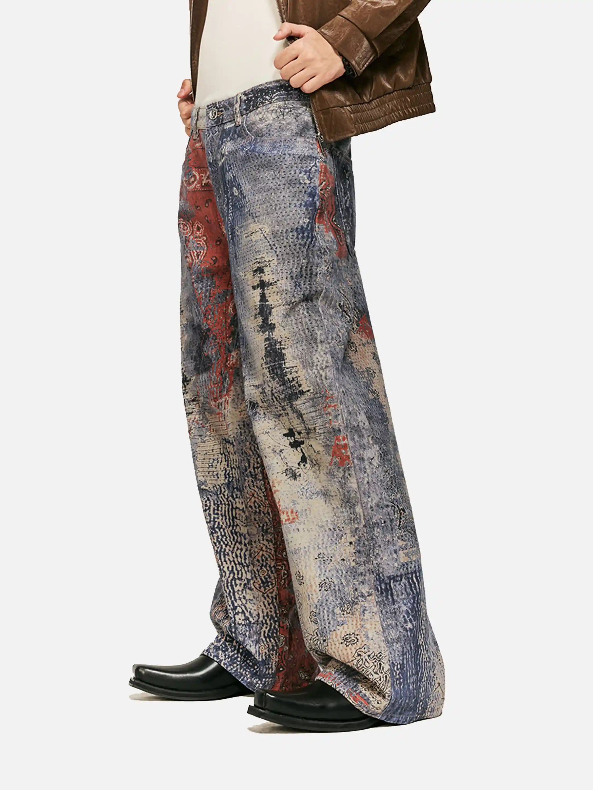 Abstract Patchwork Wide-Leg Denim