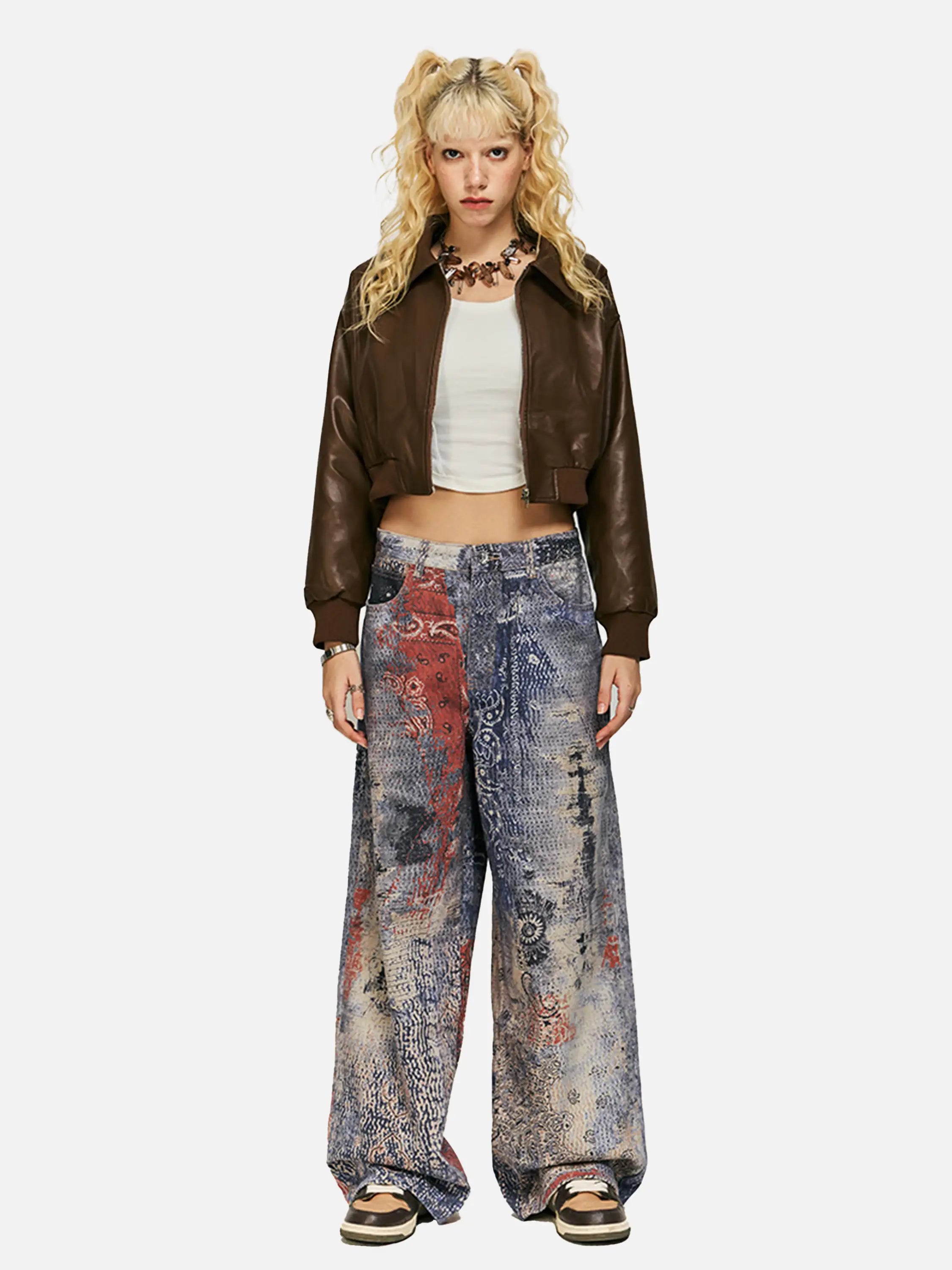 Abstract Patchwork Wide-Leg Denim