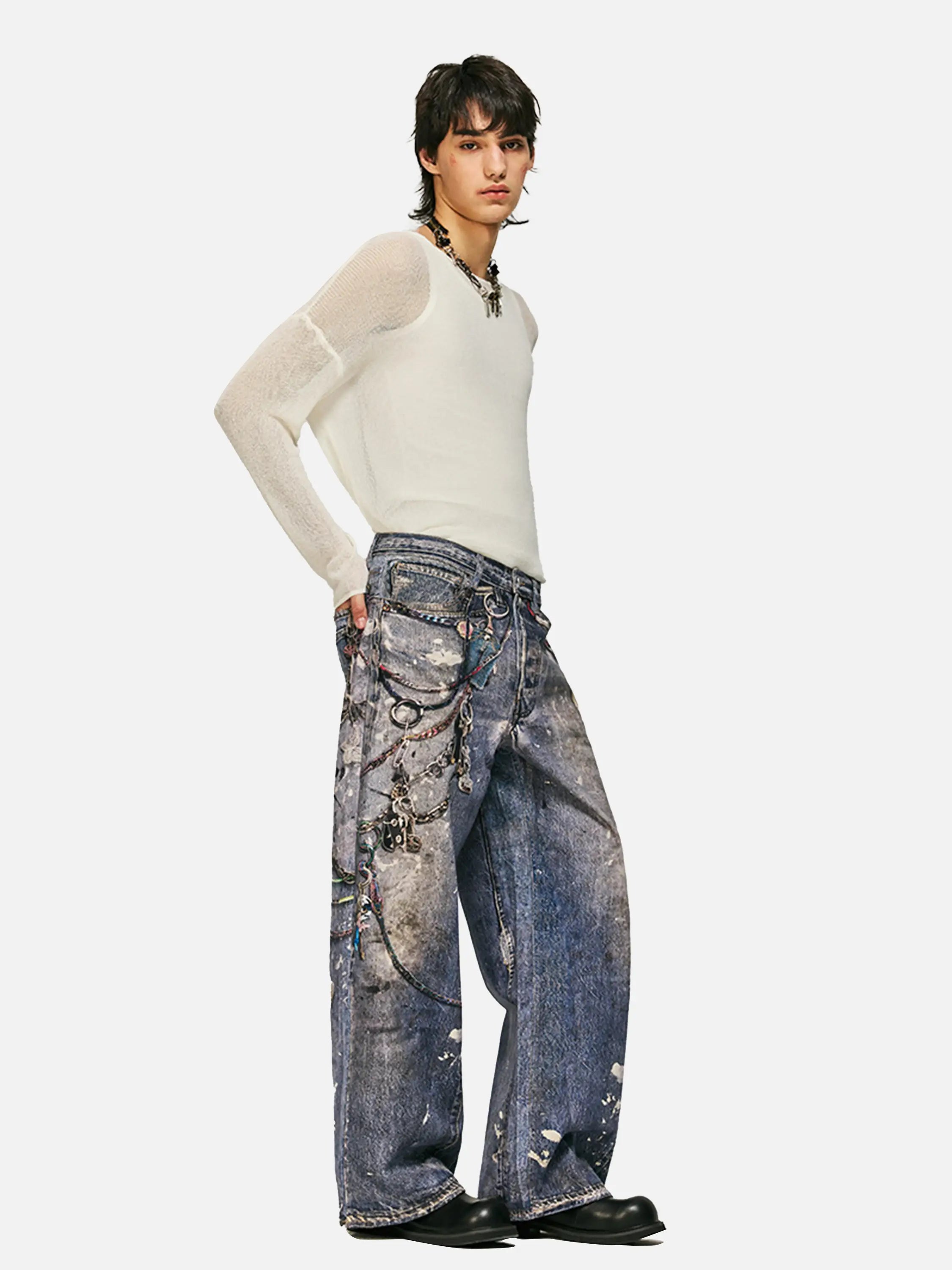 3D Chain-Detail Printed Baggy Jeans