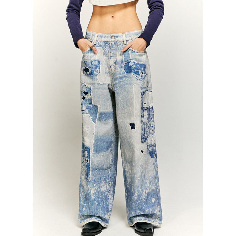 Printed Patchwork Acid-Wash Denim Jeans