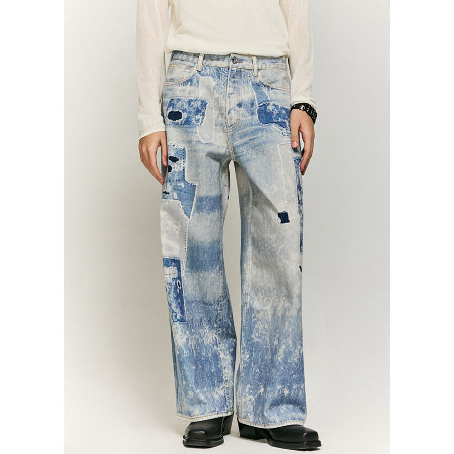 Printed Patchwork Acid-Wash Denim Jeans